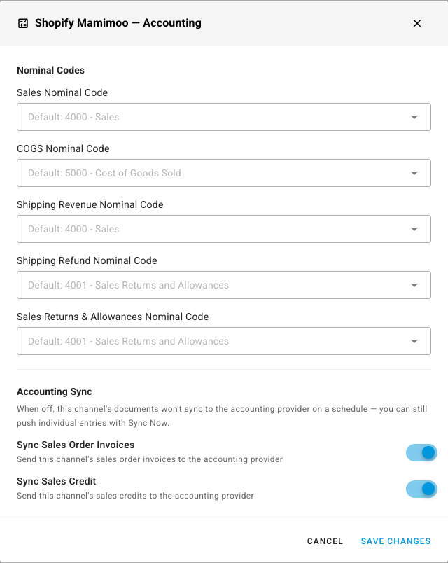 A channel's accounting dialog with per-channel account fields