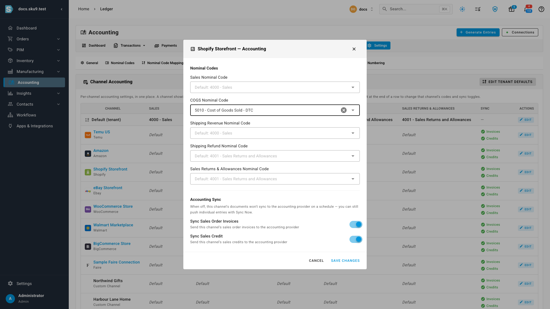 A channel's accounting dialog with per-channel account fields
