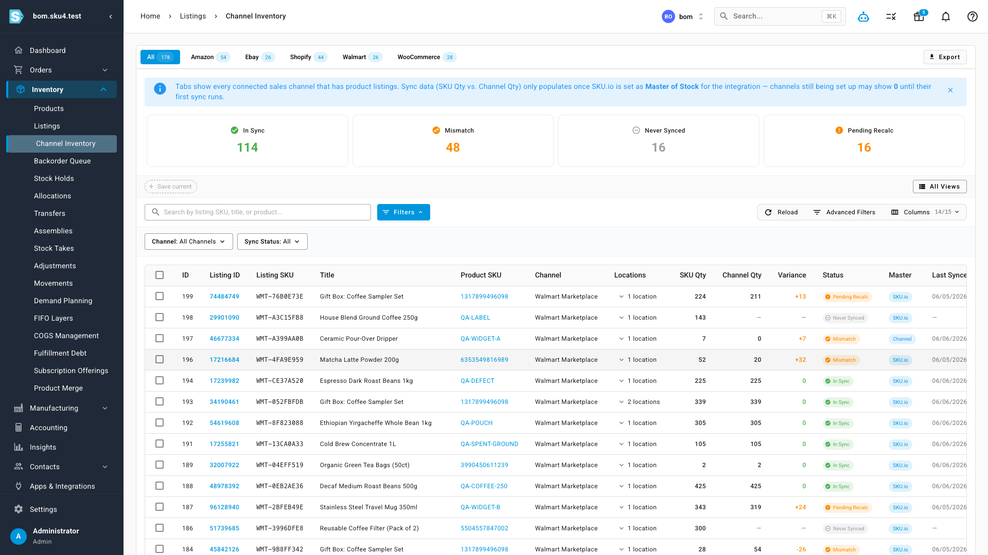The Channel Inventory page with In Sync, Mismatch, Never Synced and Pending Recalc summary cards above a table comparing SKU.io quantity to channel quantity with a variance and sync-status column per listing