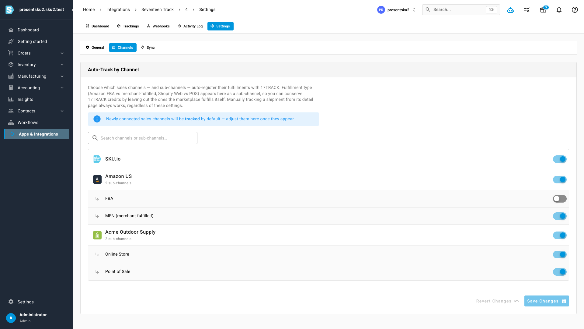 Auto-Track by Channel settings with Amazon FBA toggled off while merchant-fulfilled and Shopify channels stay tracked