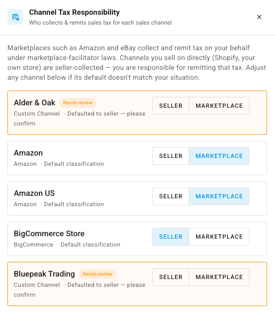 Each channel marked as seller-collected or marketplace-remitted