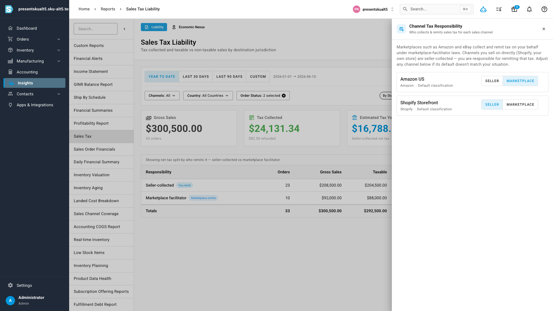 The Channel Tax Settings drawer classifying each sales channel as seller or marketplace