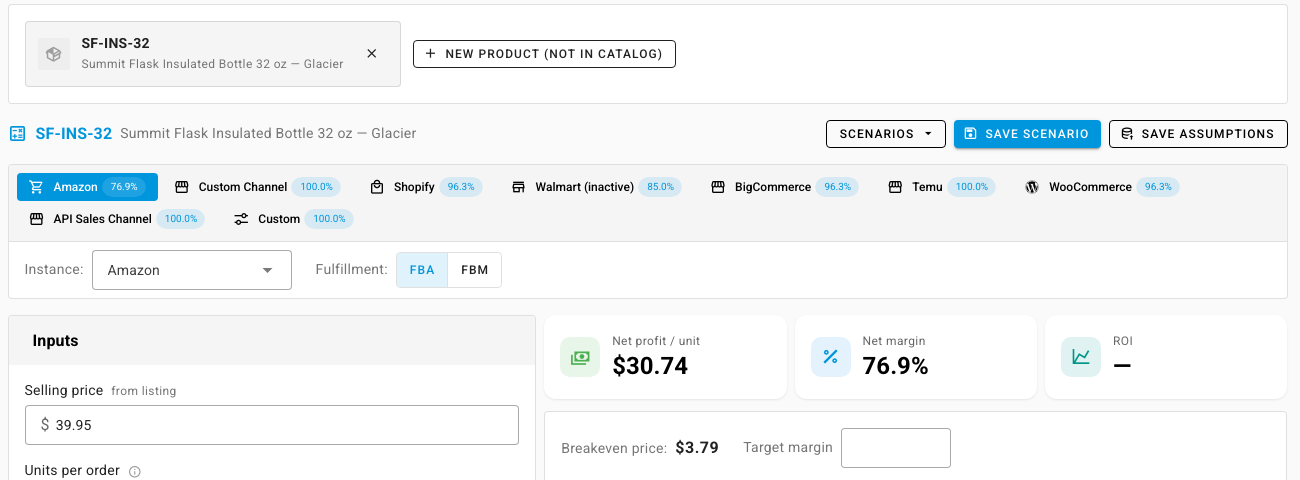 Product Pro Forma for SF-INS-32: the product, Scenarios, Save scenario and Save assumptions buttons, channel tabs with each channel's net margin, the Amazon instance, and FBA or FBM fulfillment