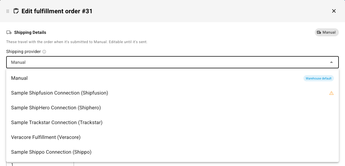 Choosing the Shippo connection as the fulfillment order's shipping provider