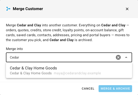The Merge Customer dialog with "Cedar" typed in Merge into and Cedar & Clay Home Goods offered