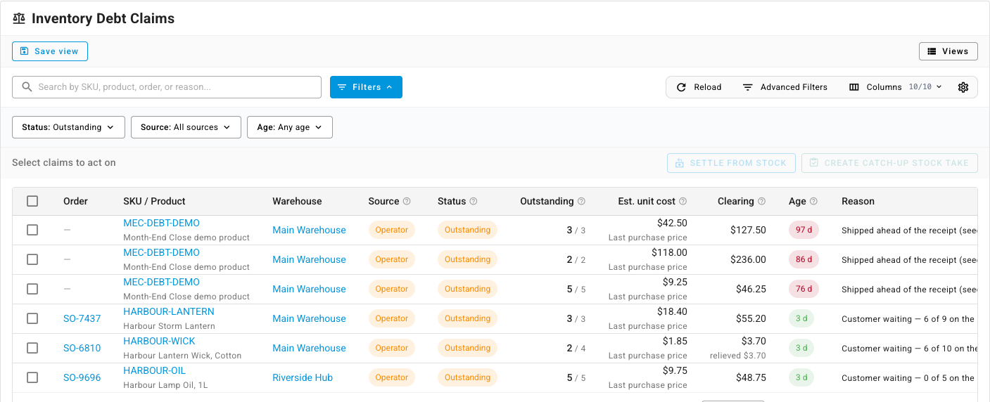 The Inventory Debt Claims table with the Status filter on Outstanding and the two action buttons disabled until a claim is ticked