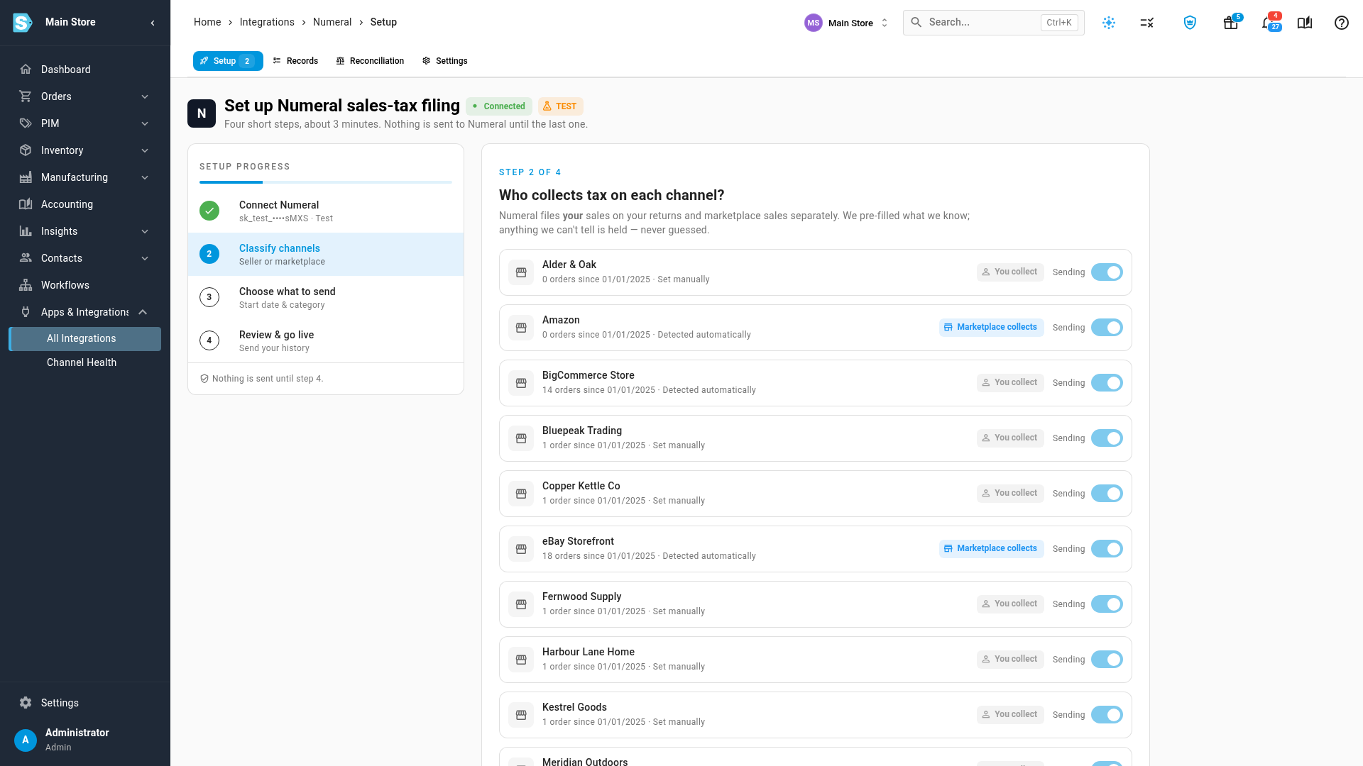 Step 2 after answering: each channel marked You collect or Marketplace collects, with its sending switch