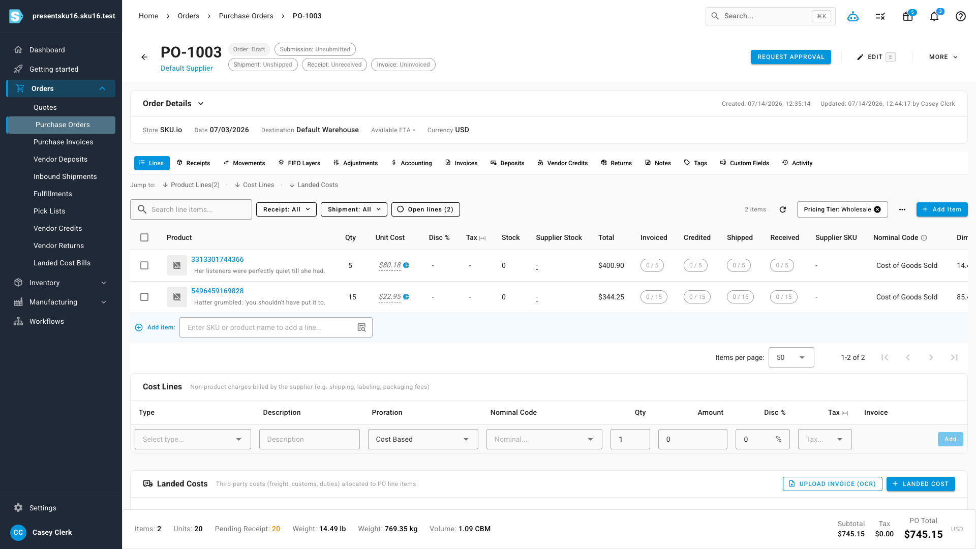 A draft purchase order where the primary action is Request Approval