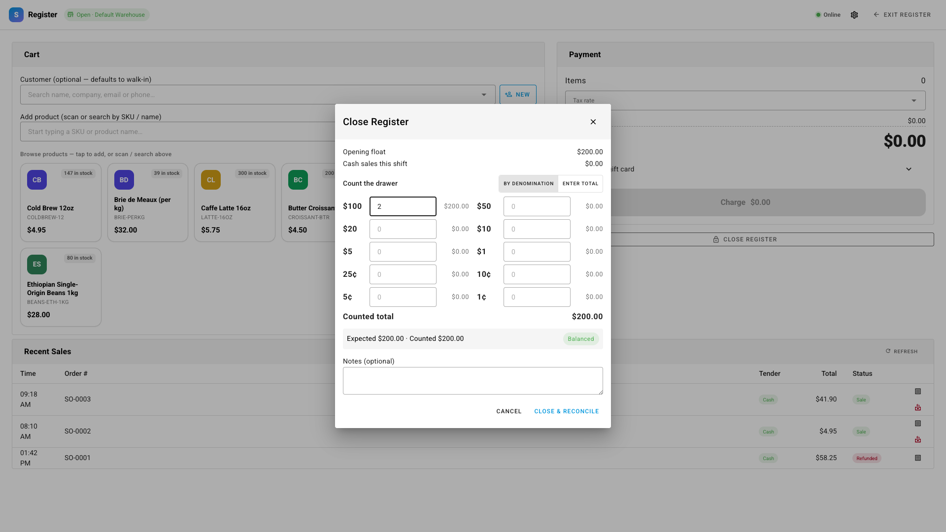 Closing the register with a bill-and-coin count that reconciles the drawer automatically