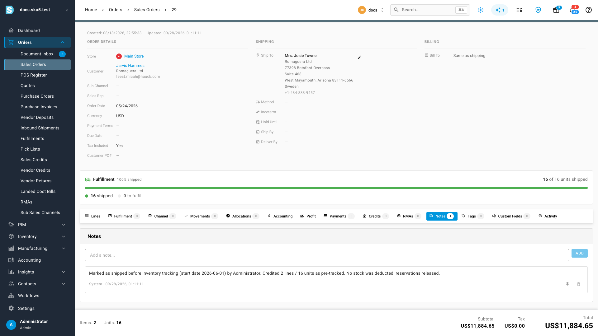 A closed order's Notes tab, recording the units credited as shipped before tracking