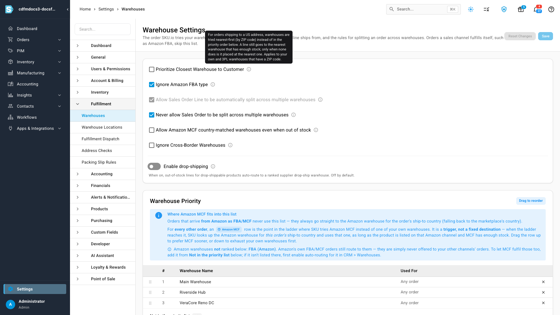 The closest-warehouse setting with its explanation