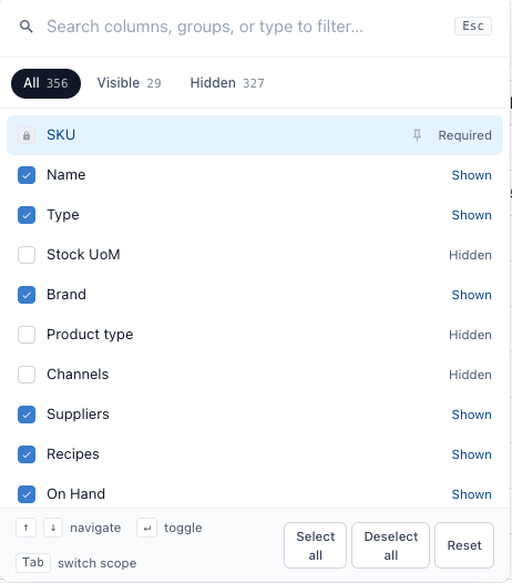 The column picker on the products list, with the search box, the All, Visible and Hidden tabs, and a list of columns marked Shown or Hidden