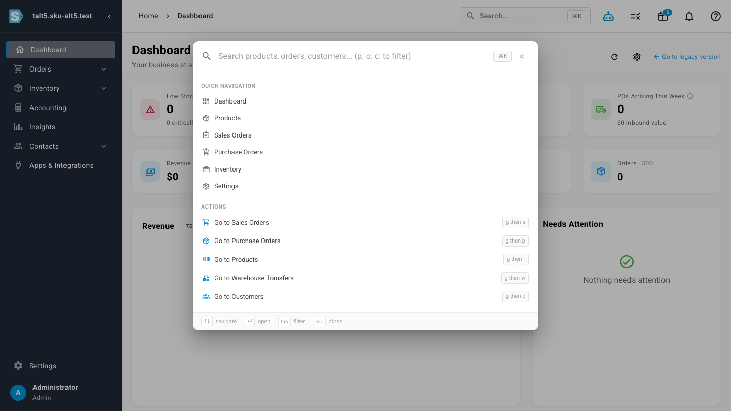 The command palette open as a launcher with quick navigation and shortcut badges