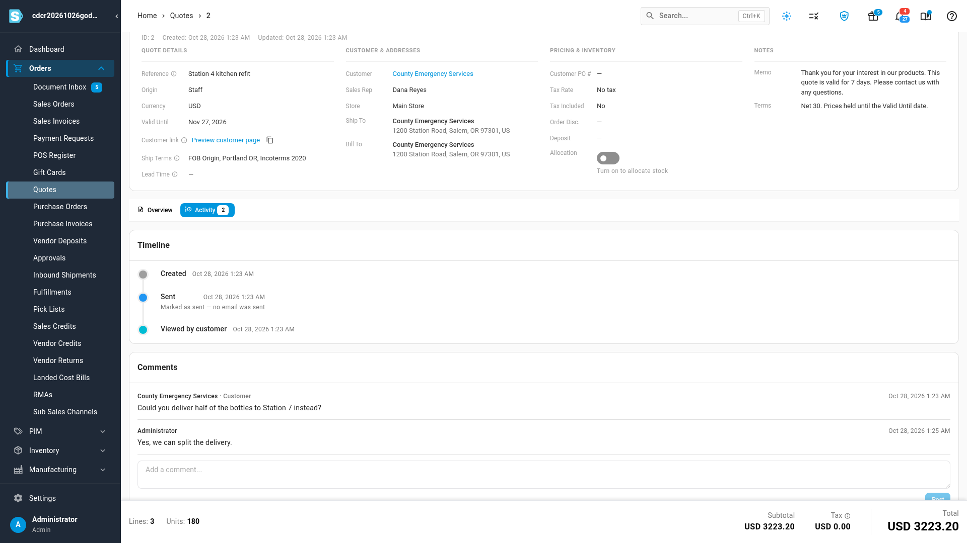 Comments on a quote's Activity tab, with the customer's question marked Customer, your reply below it and the Add a comment box