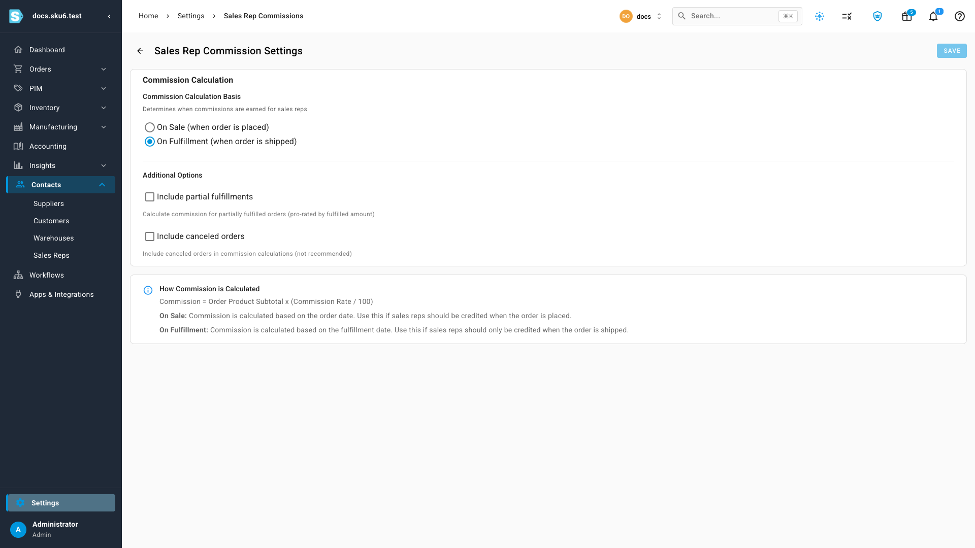 The Sales Rep Commission Settings page with On Fulfillment selected and the Include partial fulfillments option below it
