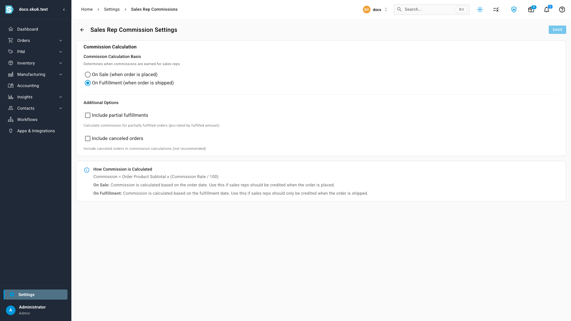 The Sales Rep Commission Settings page, with the choice between On Sale and On Fulfillment and options for partial fulfillments and canceled orders