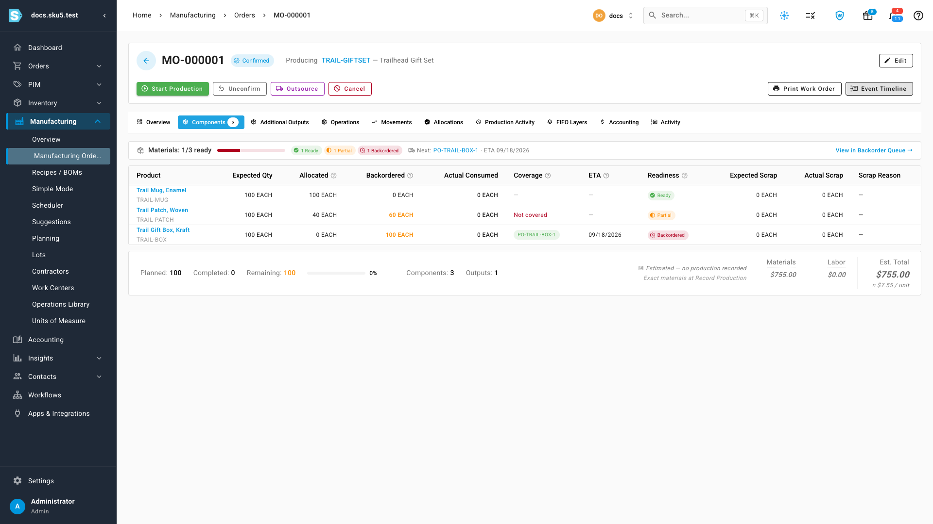 The components table showing Ready, Partial and Backordered rows