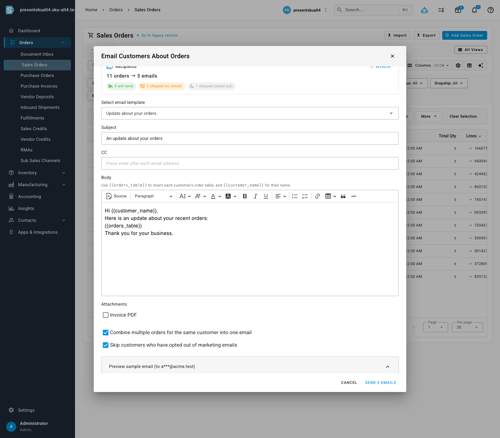 Composing the bulk email with a template, attachments, and grouping options
