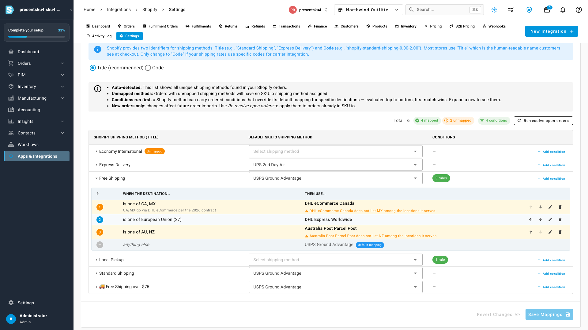 The Shipping Method Mappings table with the Free Shipping row expanded, showing three ordered destination conditions above an "anything else" row that falls back to the default mapping