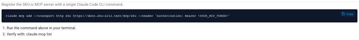The Claude Code tab showing the one-line claude mcp add command