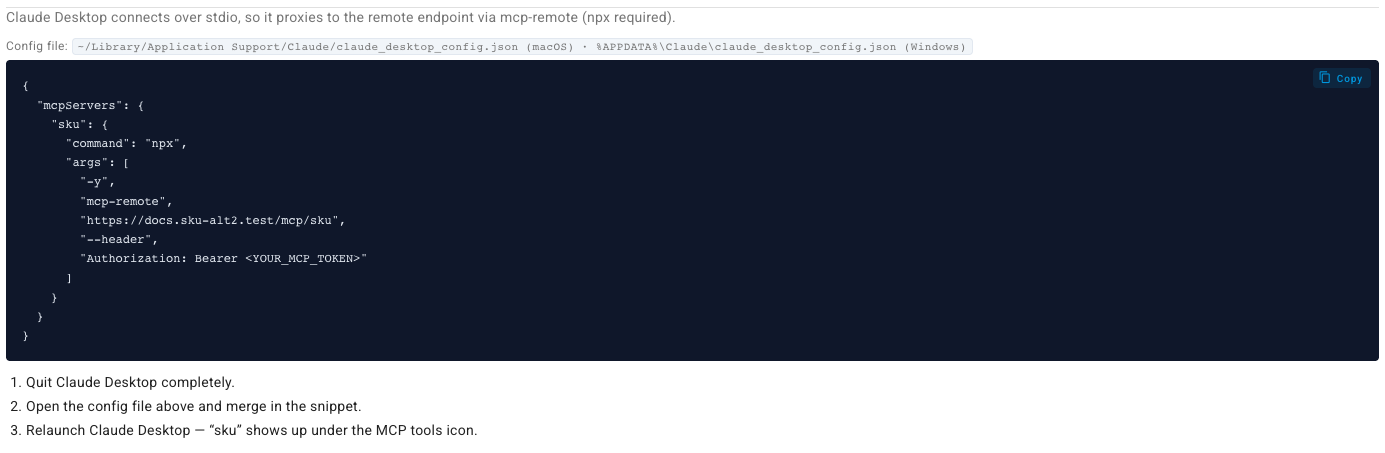 The Claude Desktop tab showing the npx mcp-remote config and the quit-and-relaunch steps