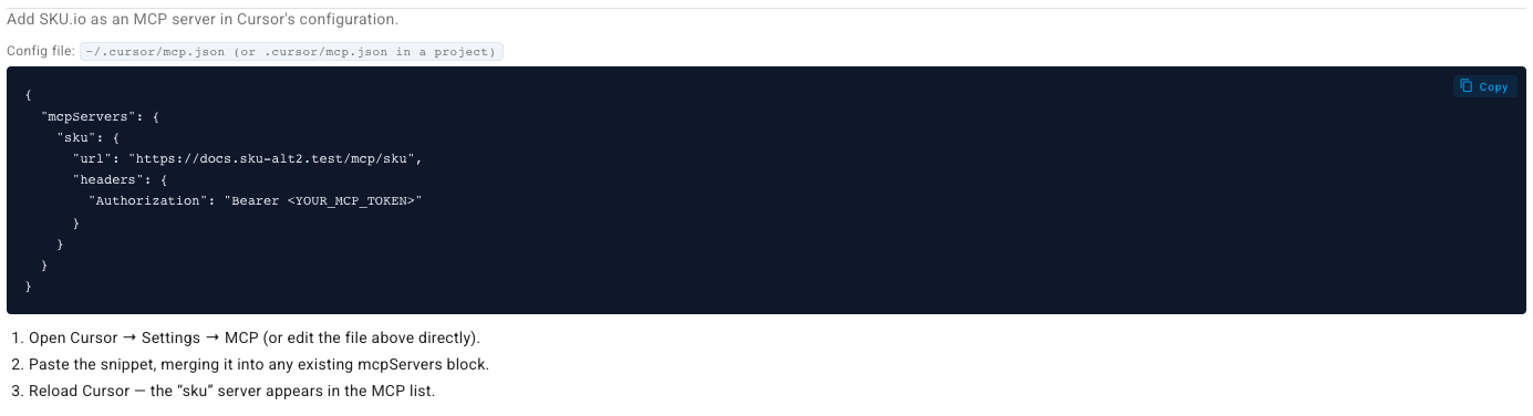 The Cursor tab showing the mcp.json snippet and three follow-up steps