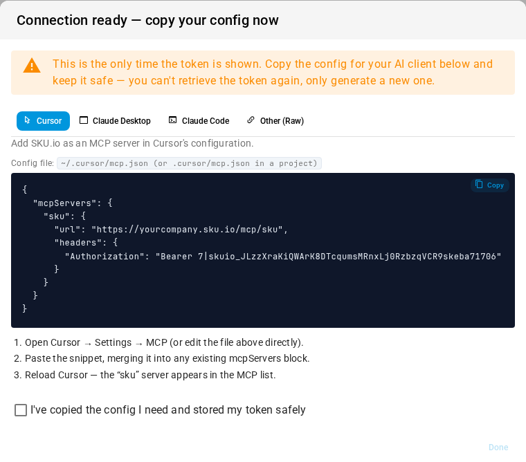 The Connection ready dialog with a warning that the token is shown only once, client tabs, and the Cursor config
