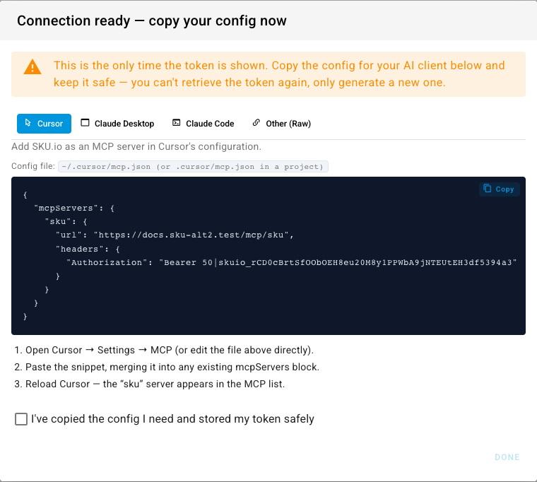 The Connection ready dialog with a warning that the token is shown only once, client tabs, and the Cursor config