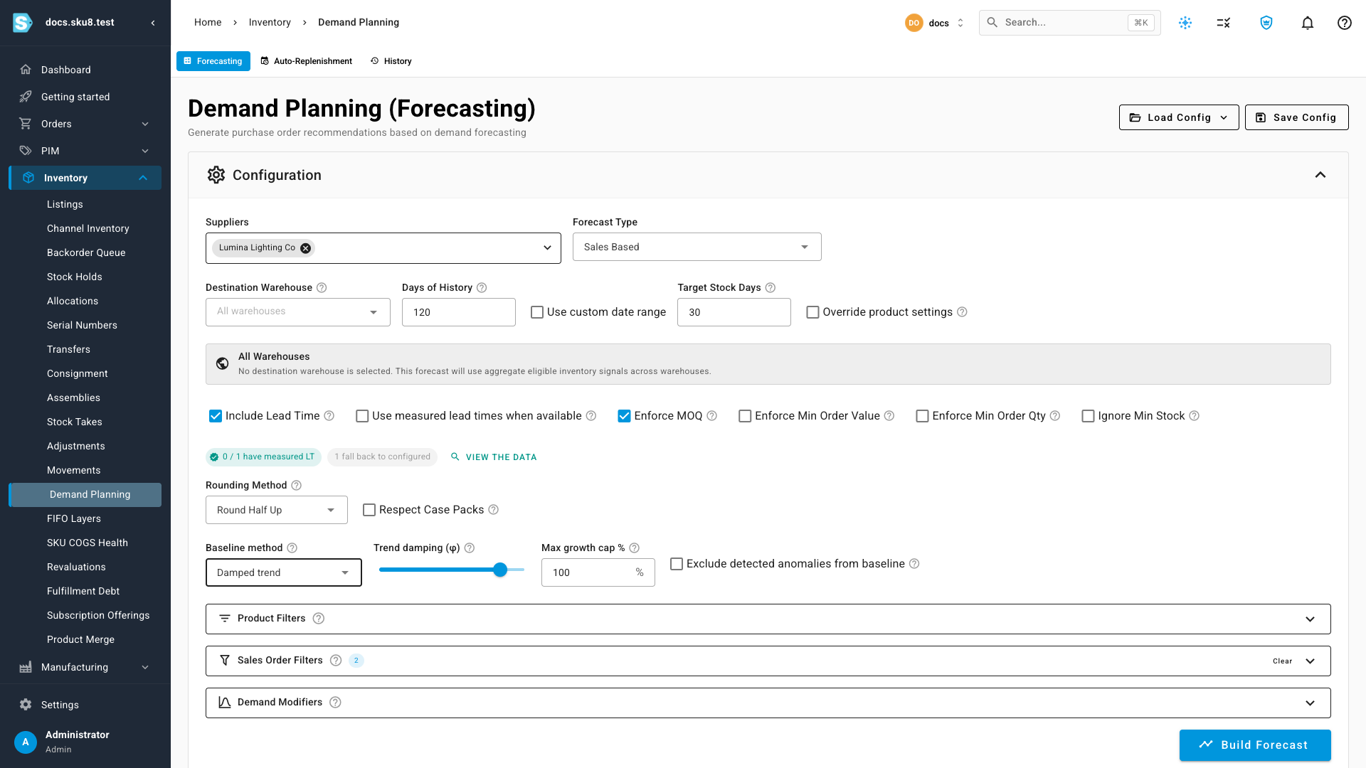 The Demand Planning configuration with the Baseline method set to Damped trend, showing the Trend damping slider, a Max growth cap, and an Exclude detected anomalies option