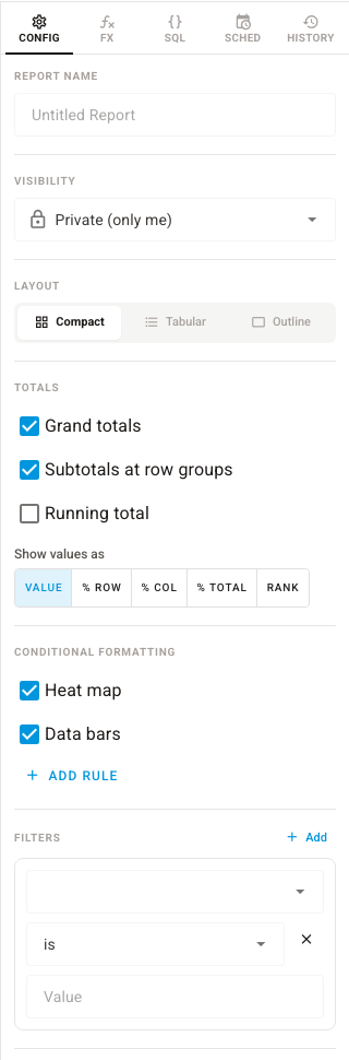 The Config tab with layout, totals, conditional formatting, a new filter row, sort, and limit settings
