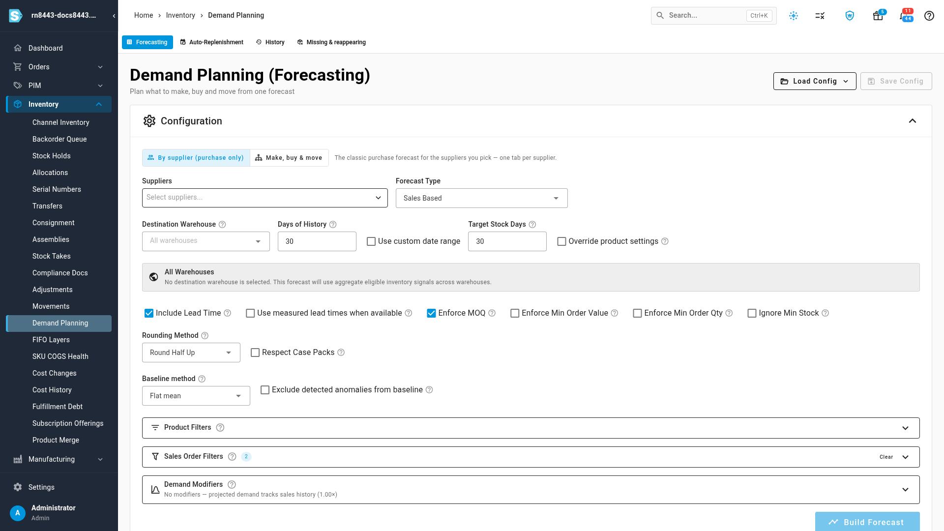 The Configuration panel, with the planning-mode toggle at the top