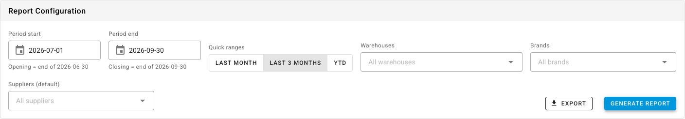 The Inventory Value Change report configuration