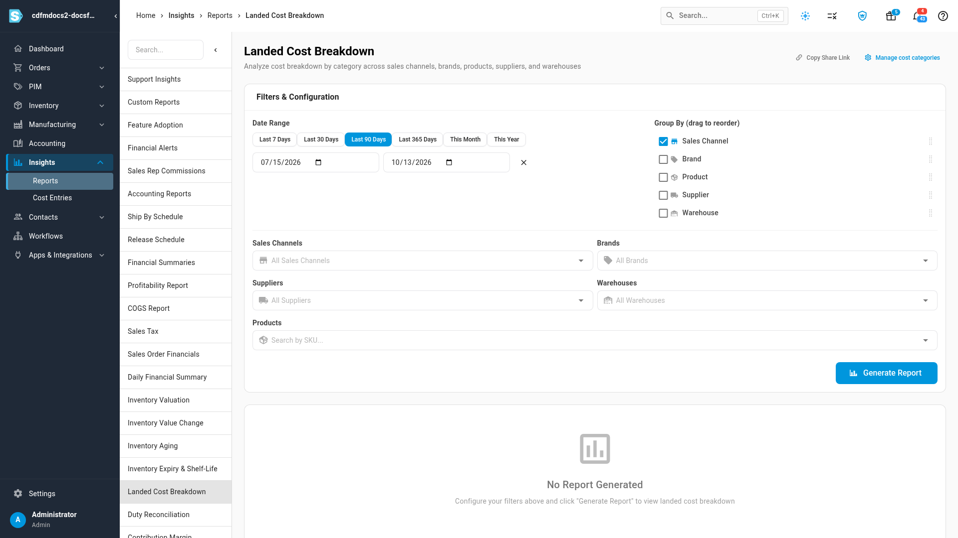 The Landed Cost Breakdown filters and configuration