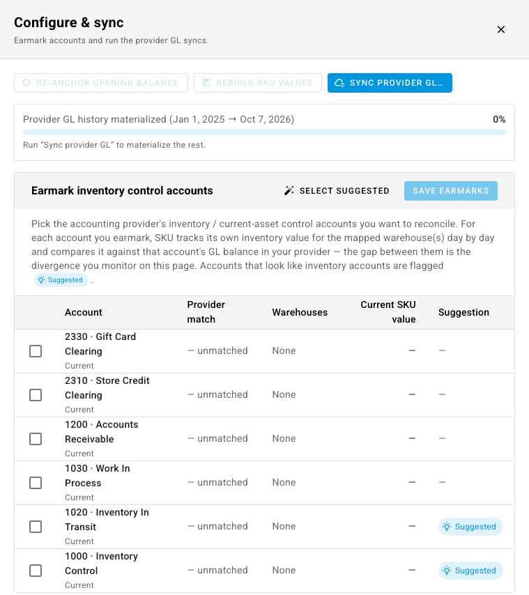 The Configure & sync panel, with the earmark list