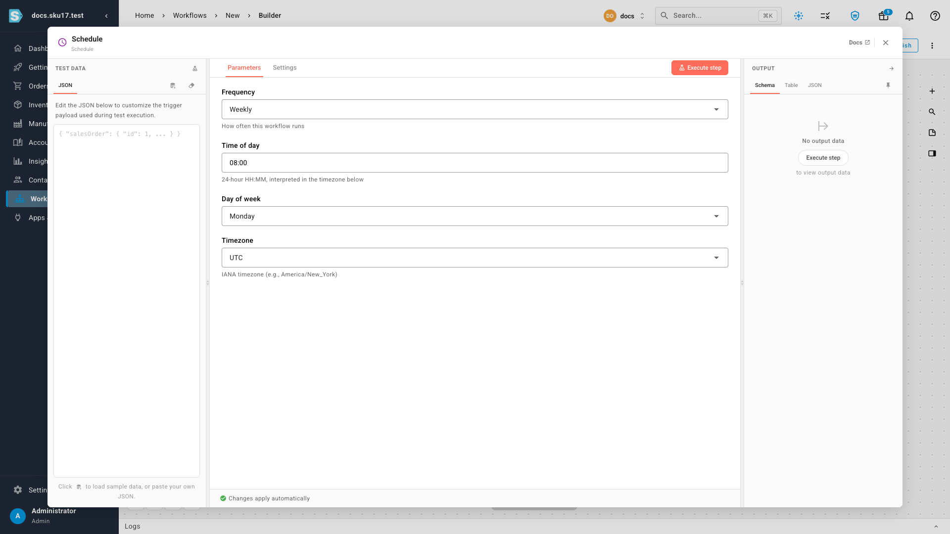 A node's settings panel, with the rename field and its type shown beneath, plus the configuration fields
