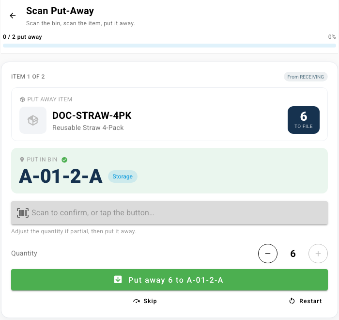 The confirm step with the quantity and the Put away button