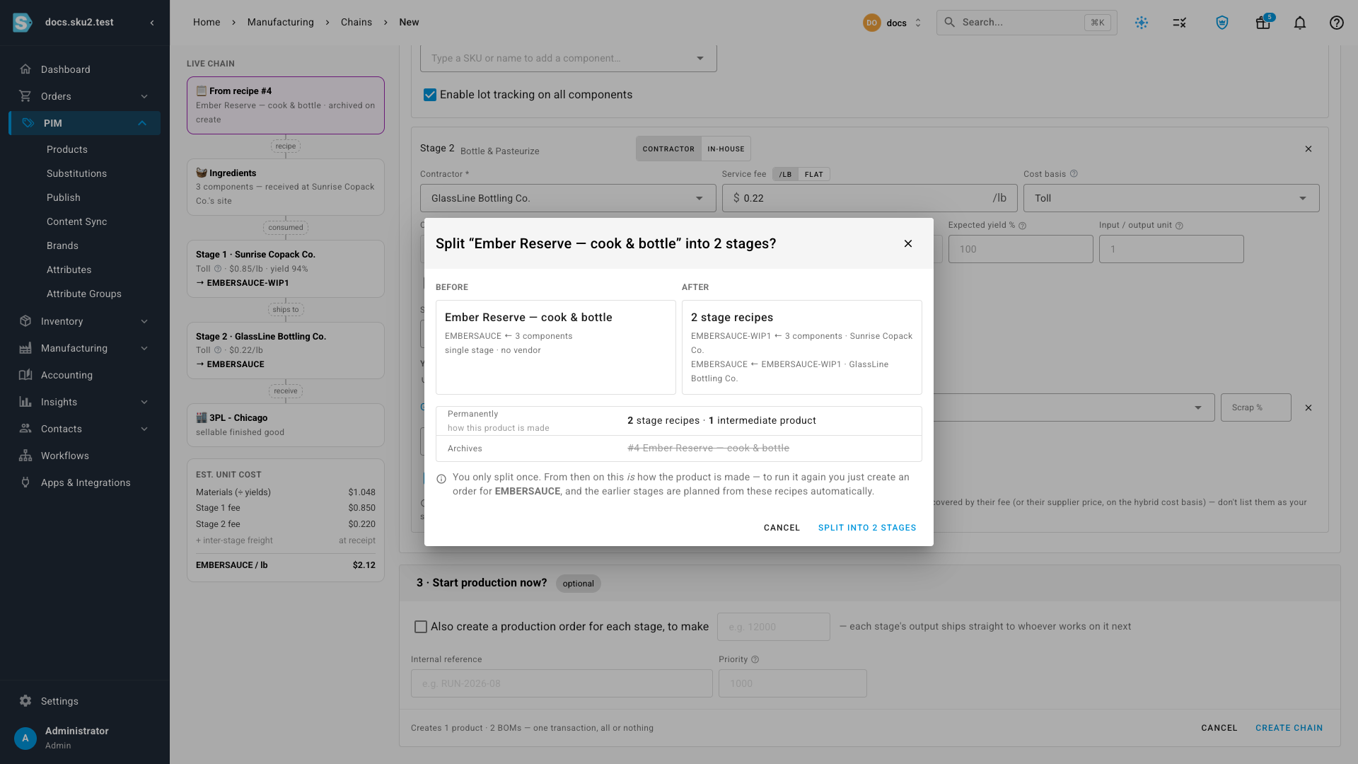 The confirmation, separating permanent recipes from the optional first run