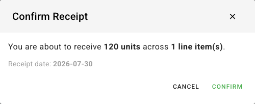 The Confirm Receipt dialog — 120 units across 1 line item, receipt date 2026-07-30