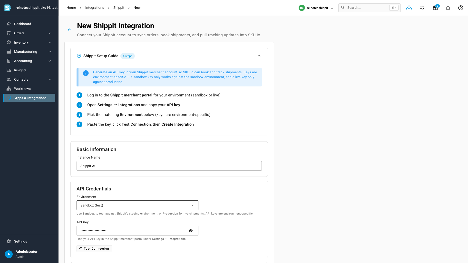Connecting Shippit: pick your environment, paste your API key, and test the connection