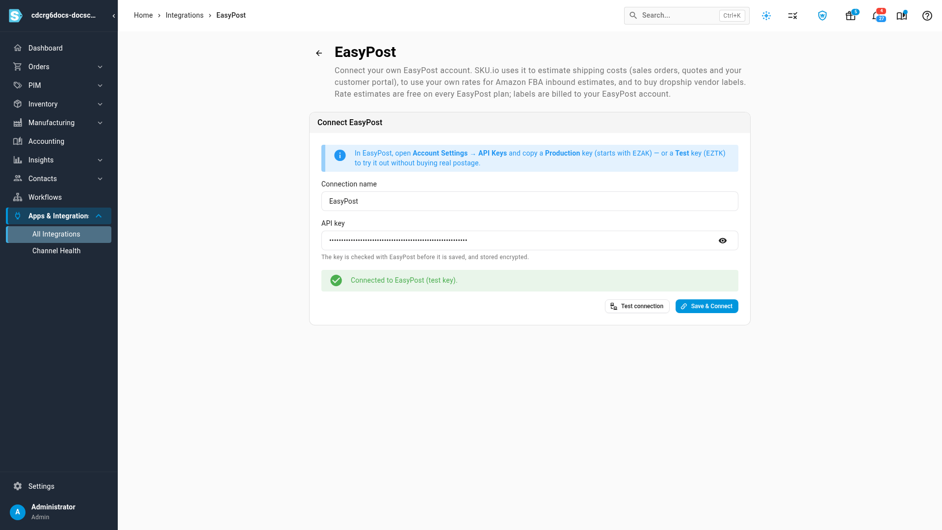 Pasting an API key on the EasyPost page