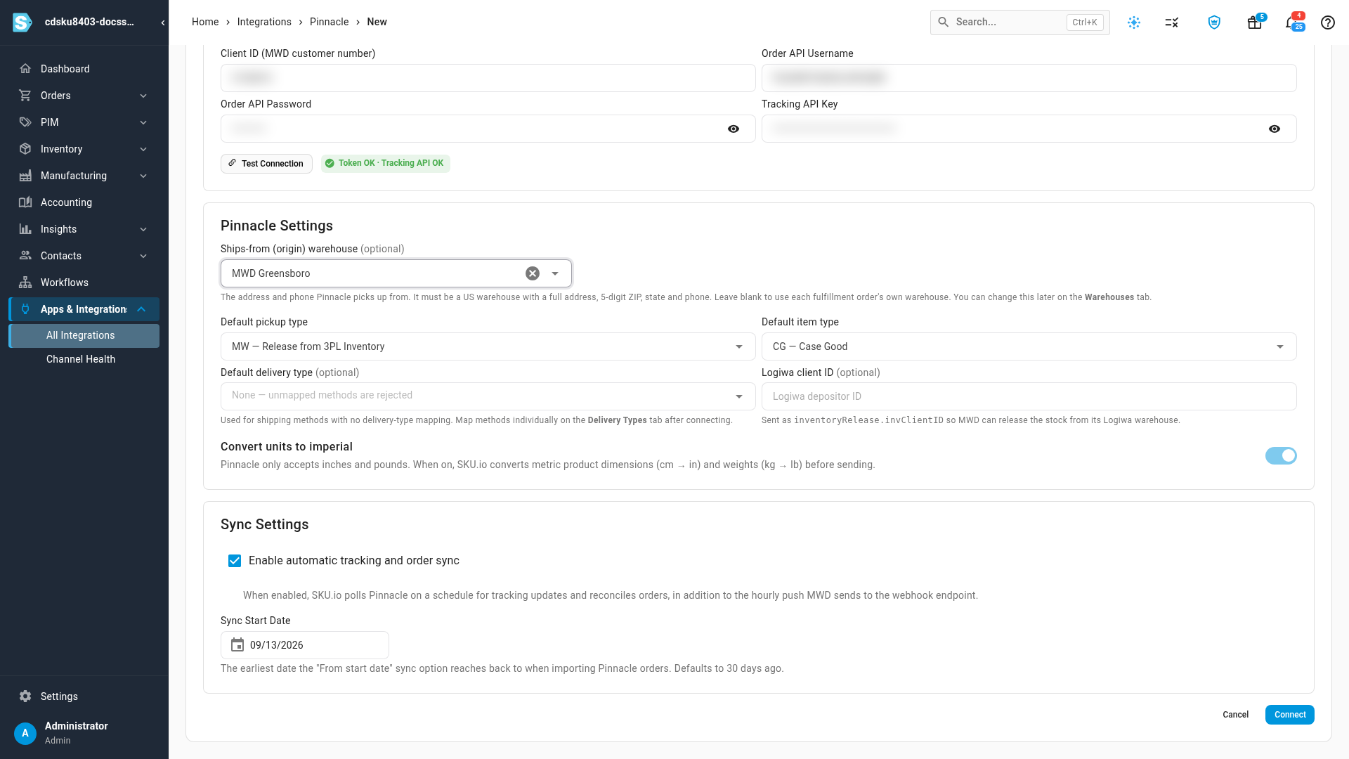 The connect form after a passing connection test. Credentials are blurred.
