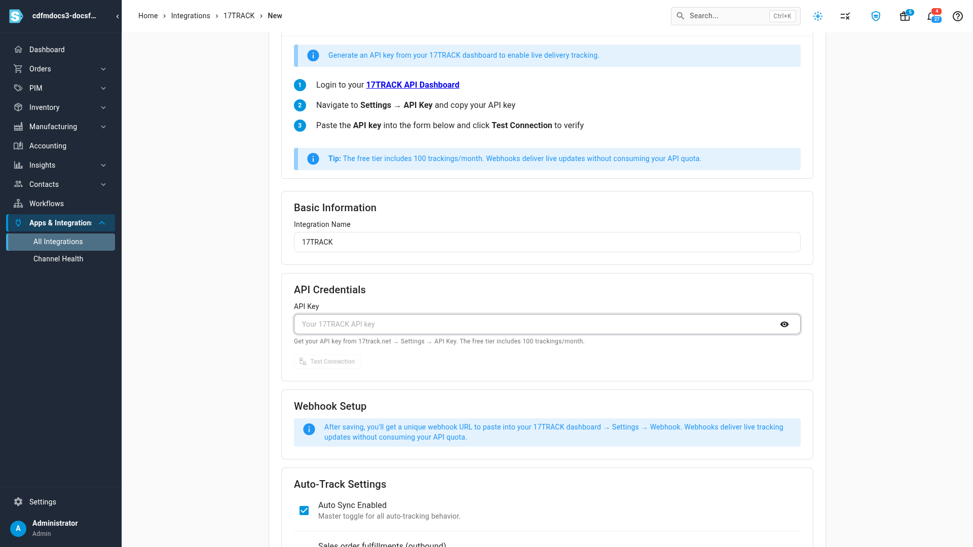 The New 17TRACK Integration form with the API key field and Test Connection