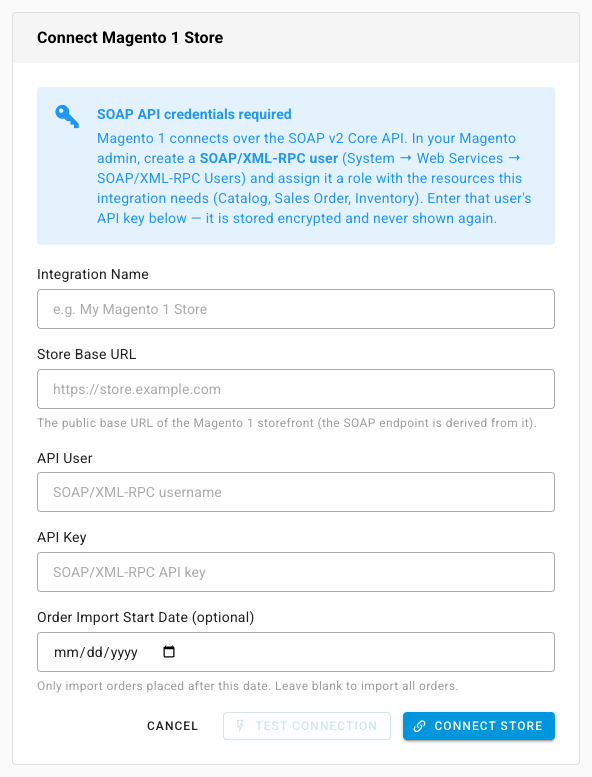 The Connect Magento 1 Store form