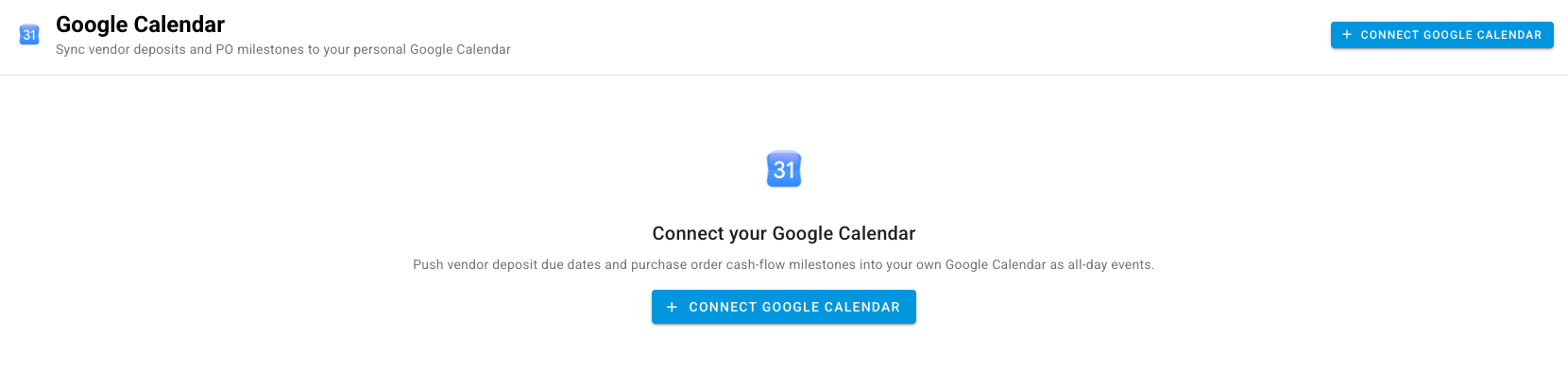The Google Calendar page before connecting, with a Connect Google Calendar button