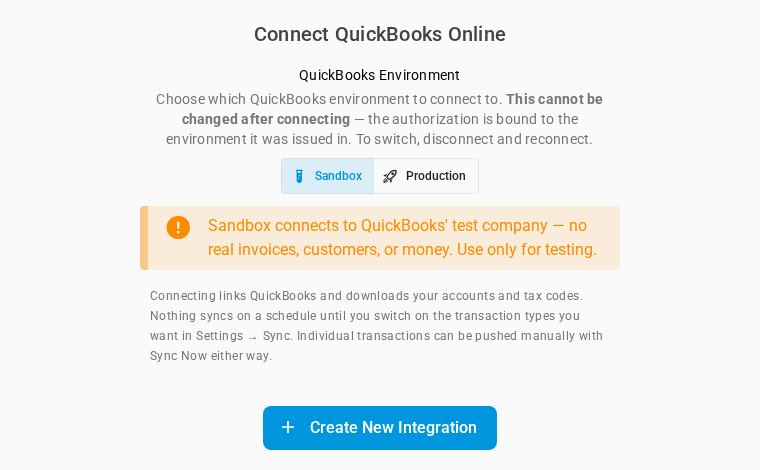 The QuickBooks page before you connect, with the Create New Integration button