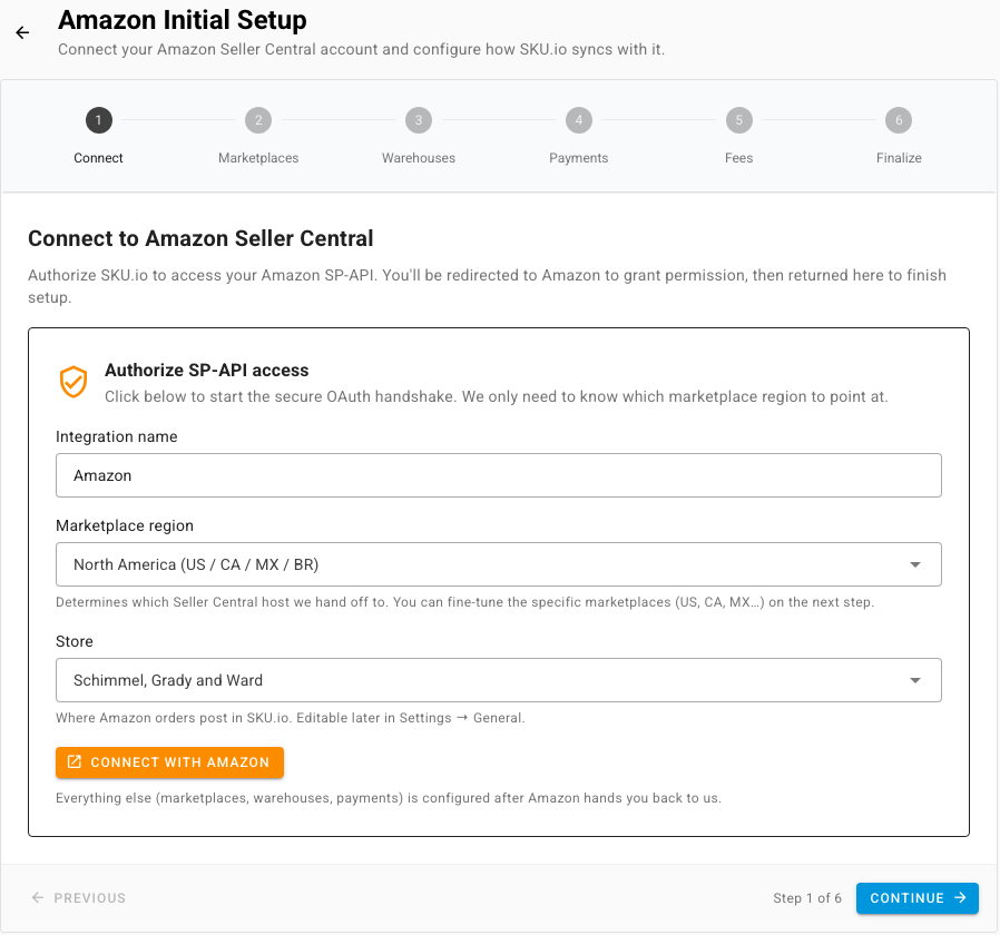 The Connect step of Amazon Initial Setup