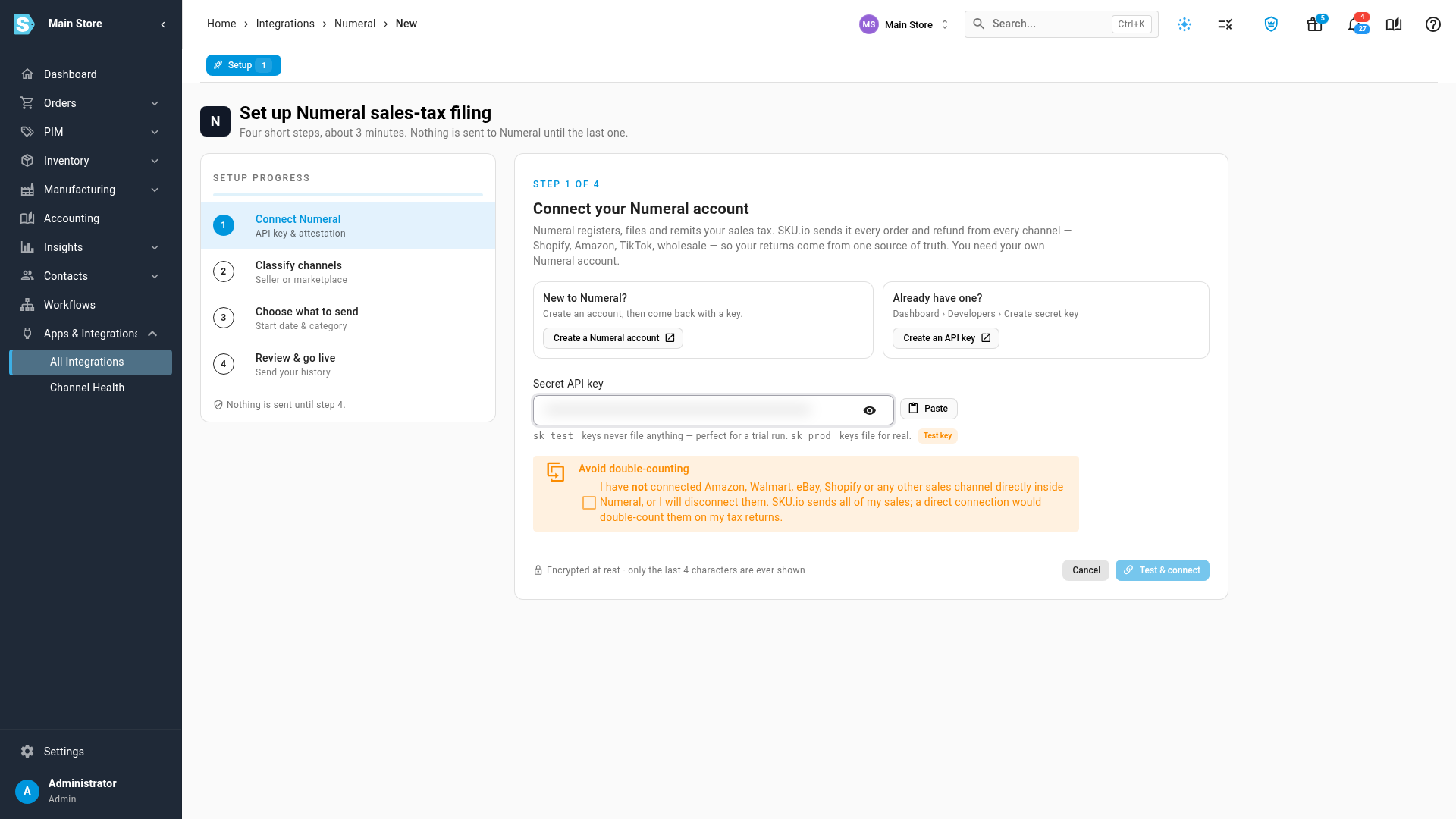 Step 1 of the Numeral setup: the secret API key, the double-counting confirmation, and Test & connect