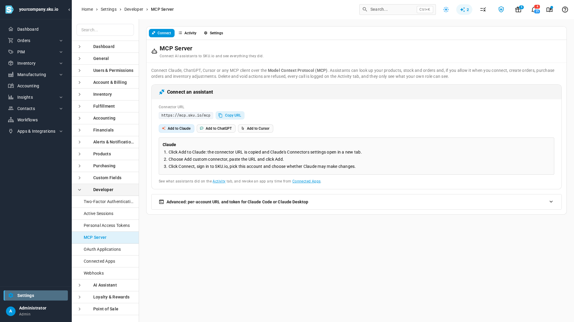 The MCP Server page's Connect tab with the connector URL, Copy URL, and Add to Claude, Add to ChatGPT and Add to Cursor buttons
