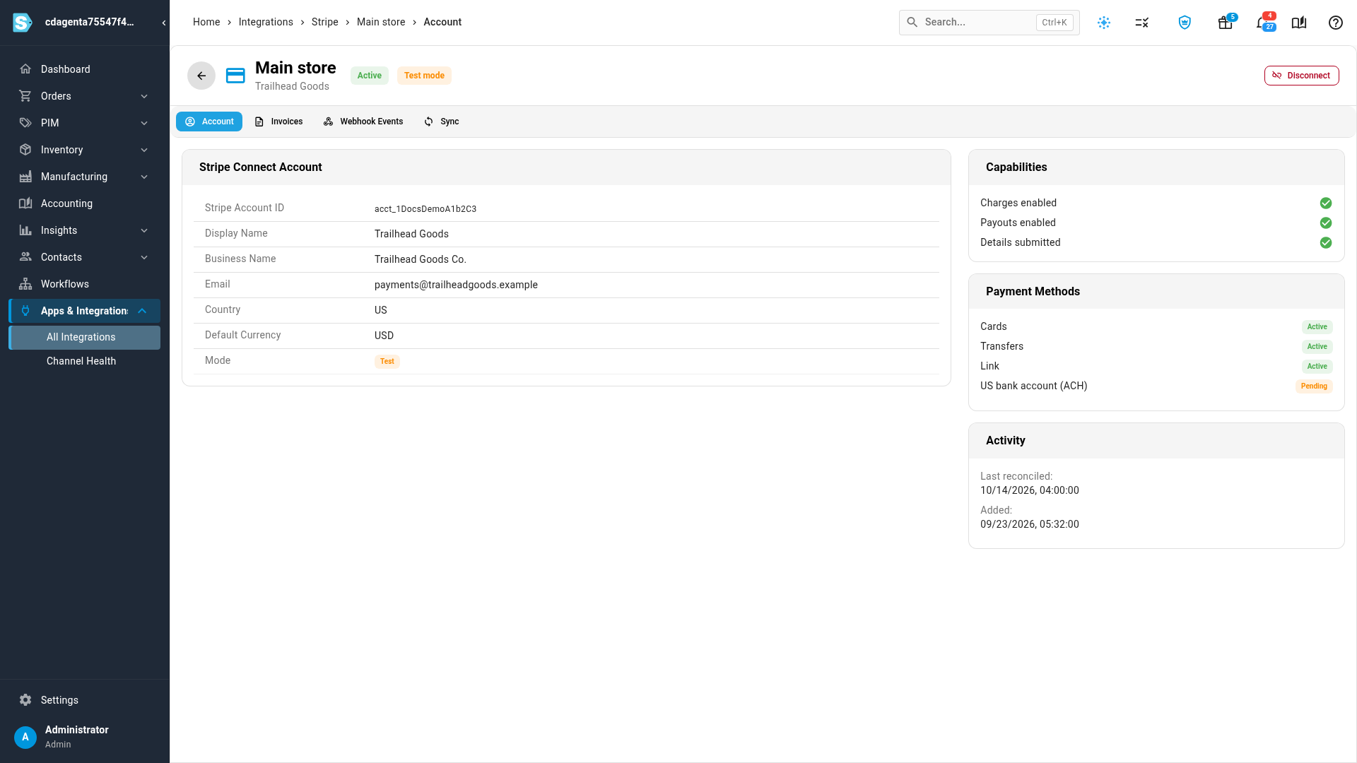 A connected Stripe account's Account tab: the Stripe Connect Account card, Capabilities, Payment Methods and Activity