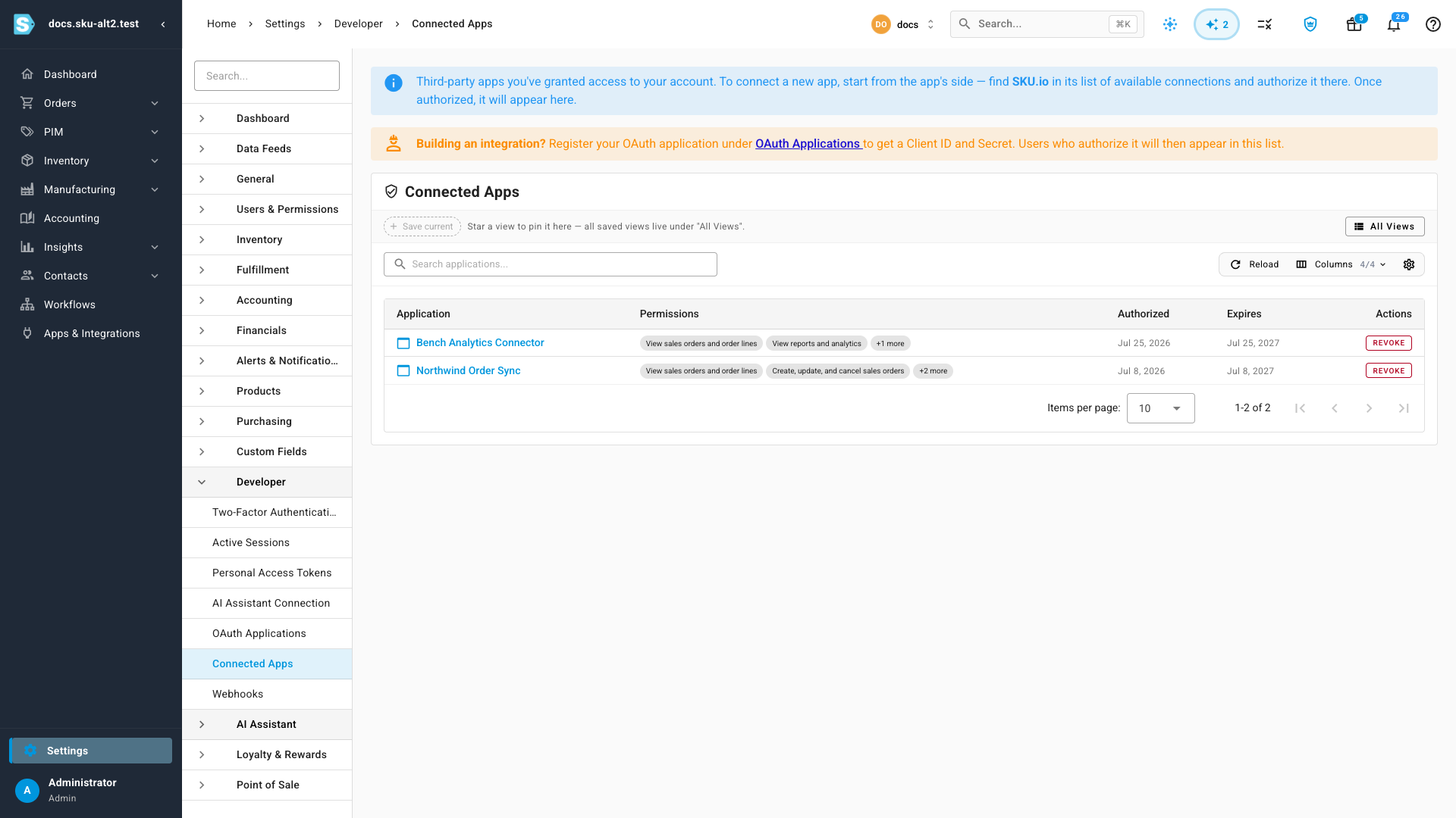 The Connected Apps page listing two authorized applications with their permissions, authorization dates, and expiry
